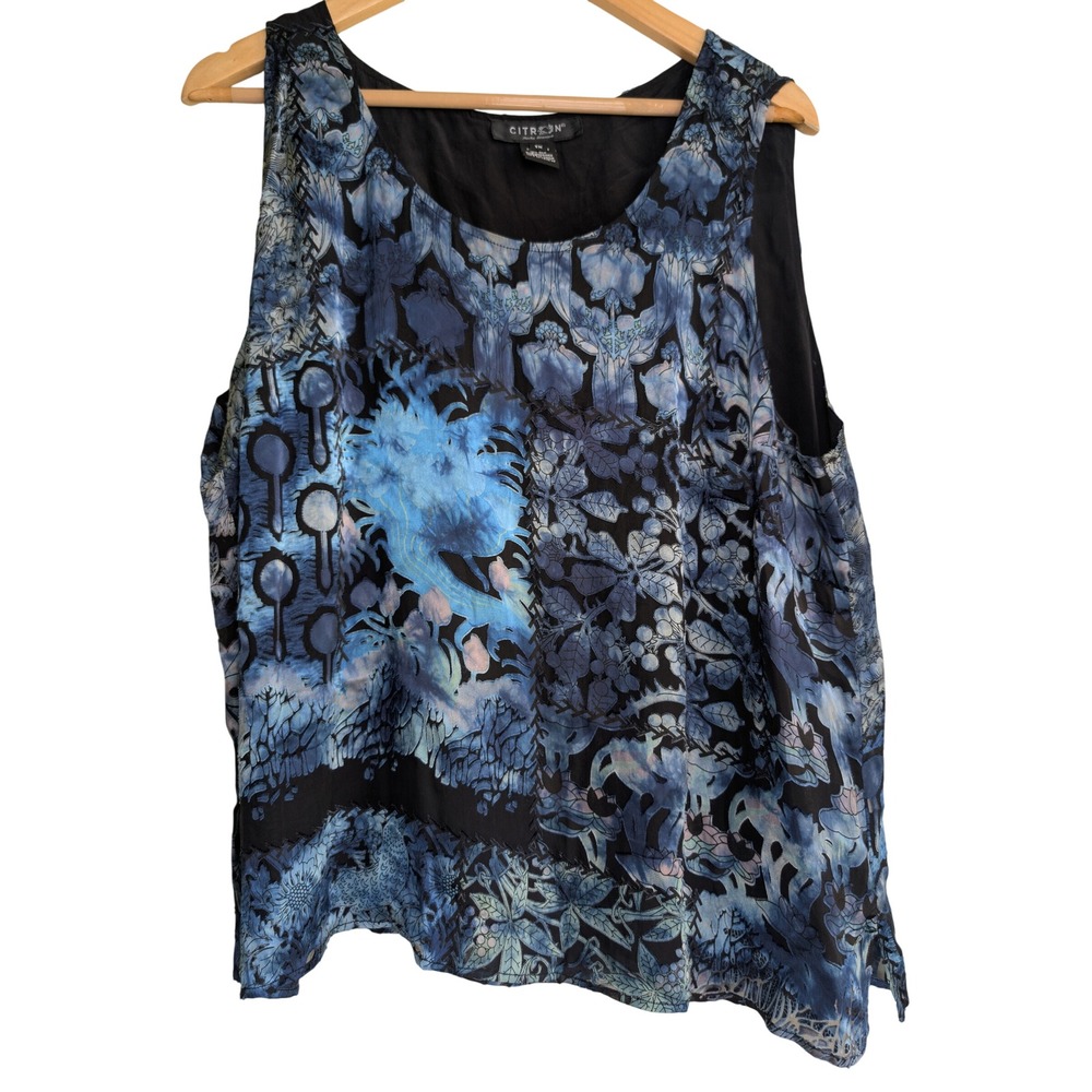 Citron Santa Monica Silk Blend Burnout Tank Top Womens 1X Blue Floral Lagenlook
